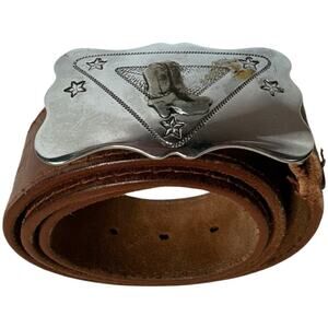 Vntg Chambers Brown Western Leather Silver Cowboy Boots Buckle Size XS